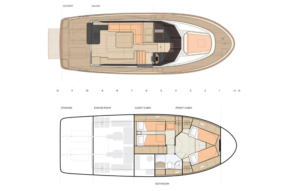 Top-down layout of Greenline 40 Electric Yacht with labeled sections on a white background