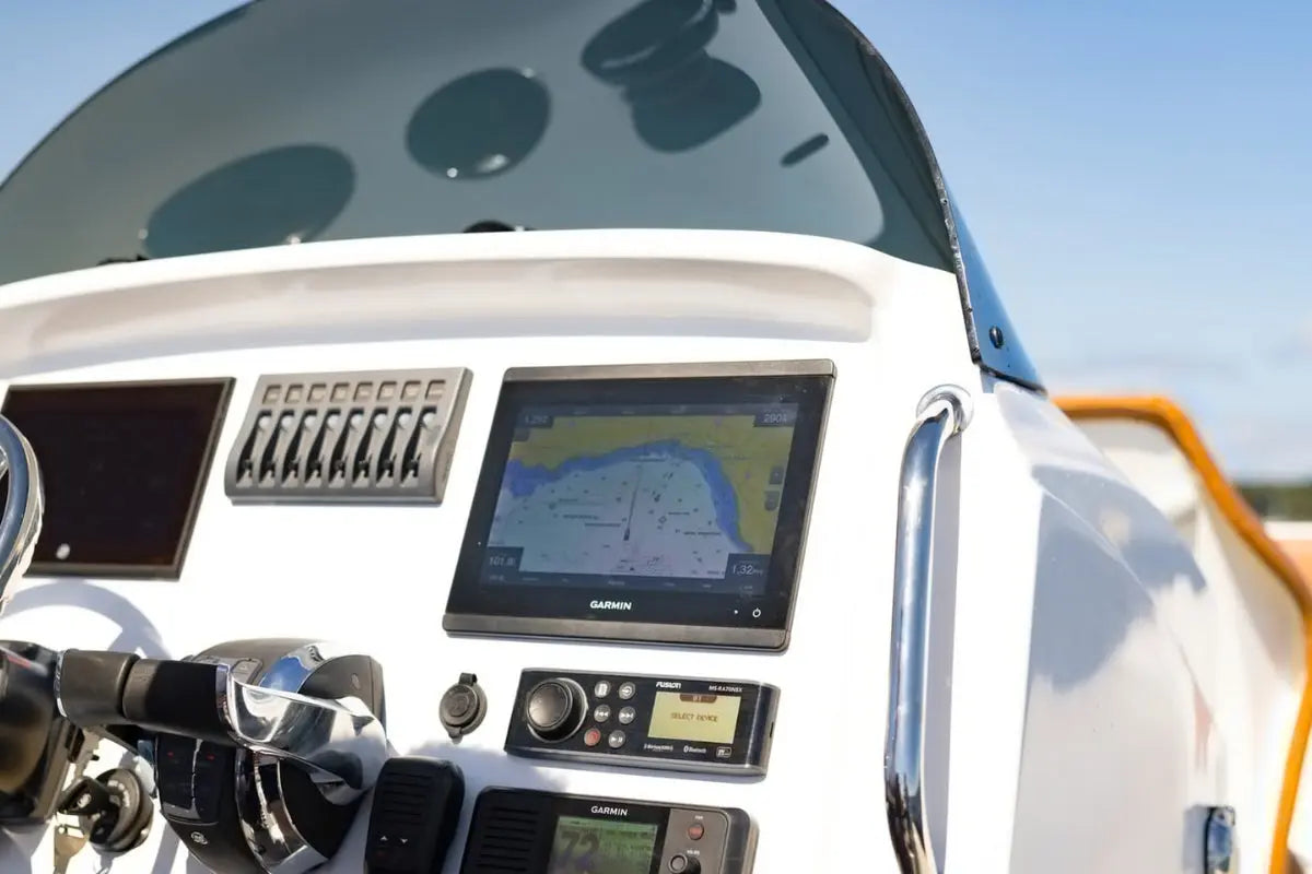Hyfoil 28 Electric Boat dashboard with navigation equipment against a clear sky