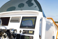 Hyfoil 28 Electric Boat dashboard with navigation equipment against a clear sky