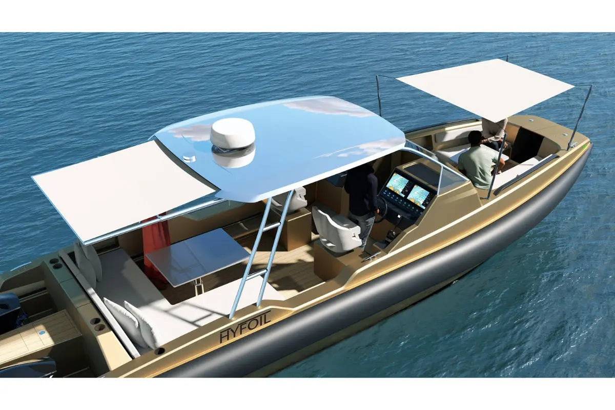Modern Hyfoil 32 Electric Boat with a canopy on a body of water