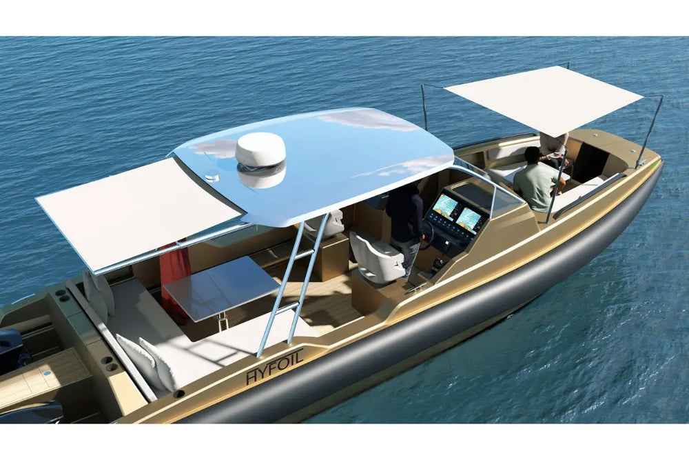 Modern Hyfoil 32 Electric Boat with a canopy on a body of water