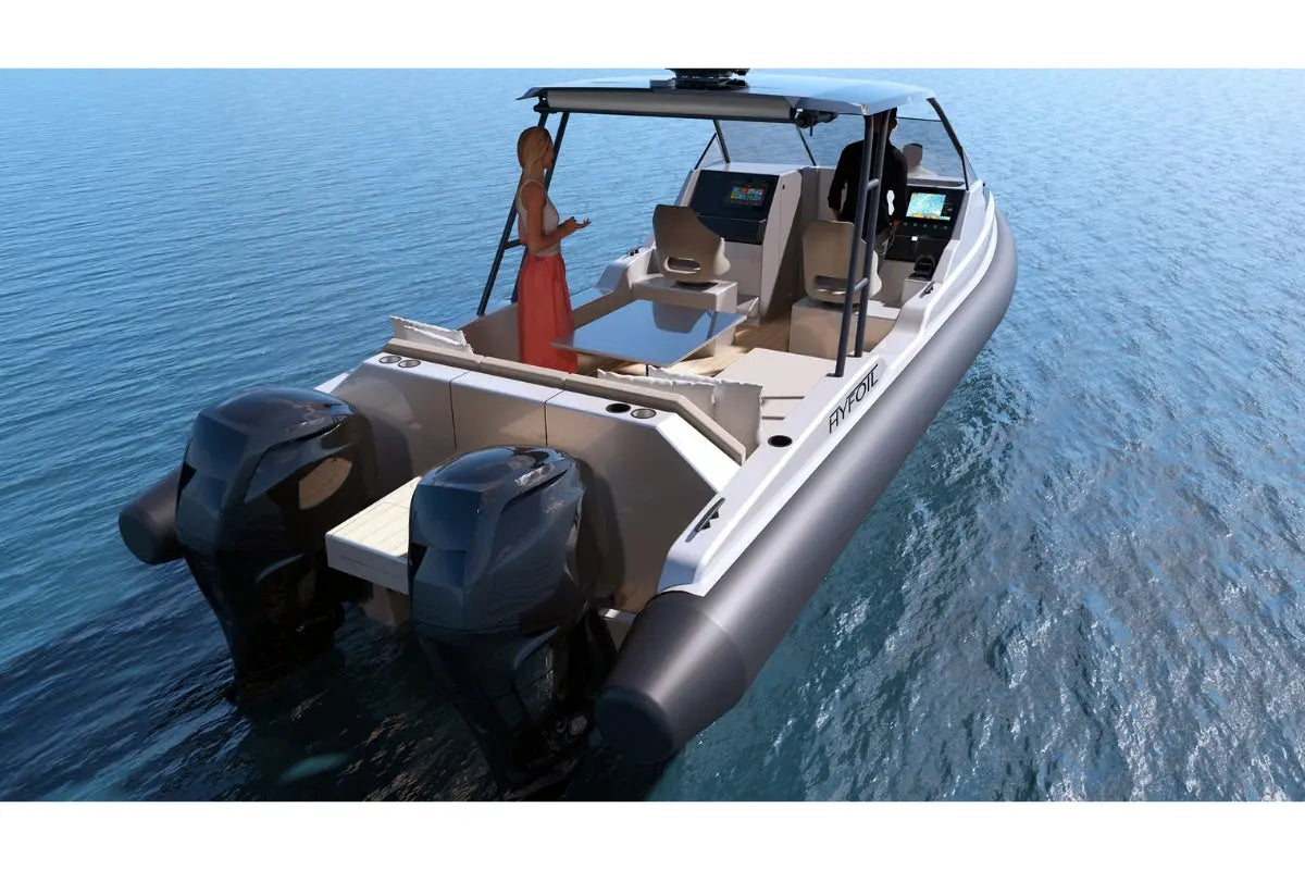 Rigid inflatable Hyfoil 32 Electric Boat on calm water with two outboard motors