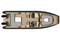 Top-down view of a luxury Hyfoil 32 Electric Boat on a white background