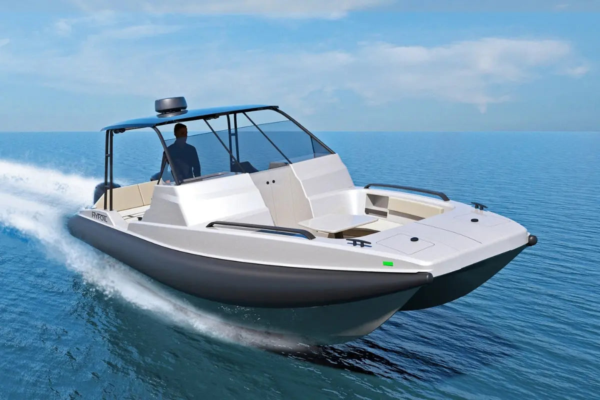 Hyfoil 32 Electric Boat on the water with a clear blue sky