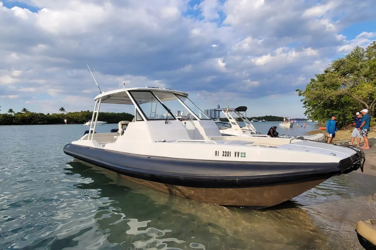 Hyfoil 32 Electric Boat on a lake with people in the background