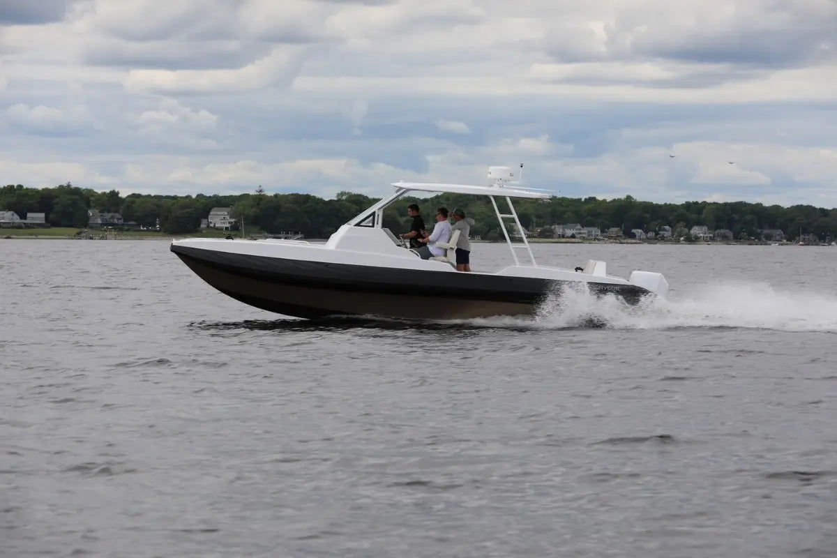Hyfoil 32 Electric Boat on a body of water with a cloudy sky
