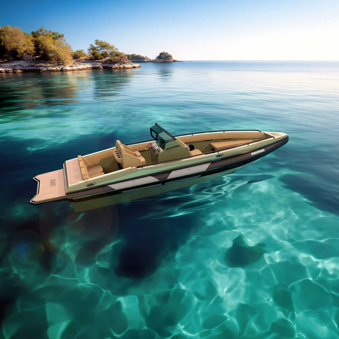Boat on clear blue water with a scenic background