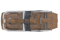 Top-down view of Ingenity 23e Electric Boat interior with brown and gray seats on a white background