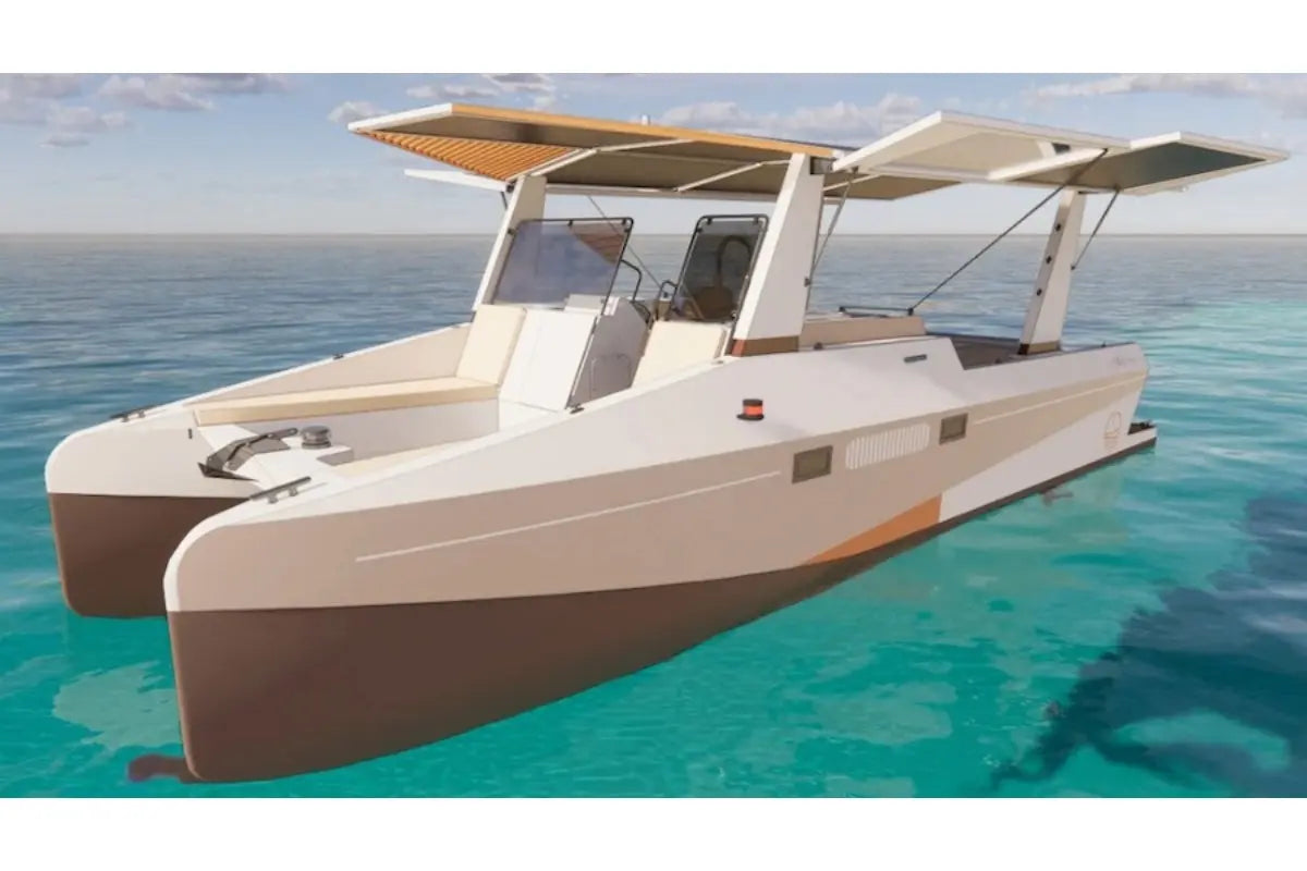 Millikan M9 Electric Boat Catamaran on a clear blue ocean with a white sky