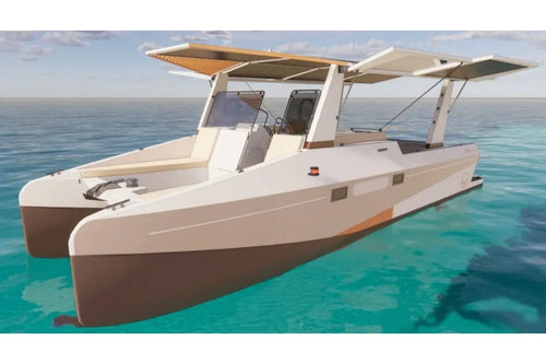 Millikan M9 Electric Boat Catamaran on a clear blue ocean with a white sky