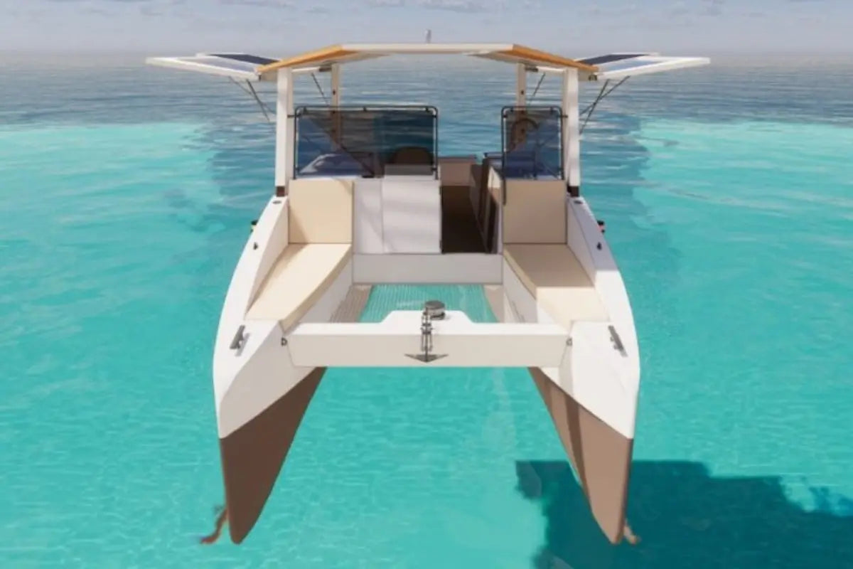 Modern Millikan M9 Electric Boat, clear blue water with a clear sky