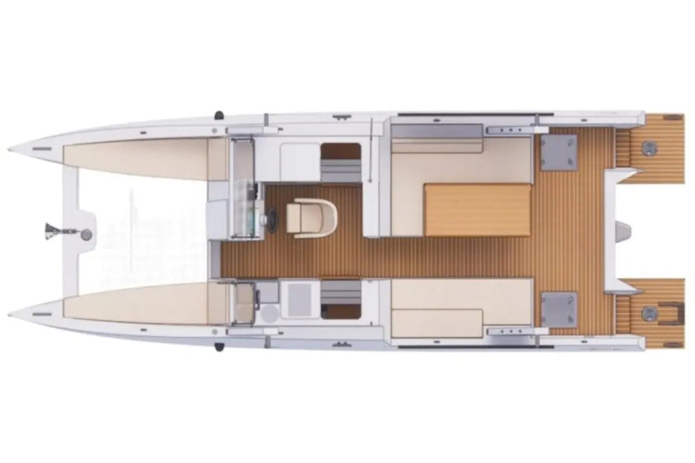 Top-down view of Millikan M9 Electric Boat interior layout on a white background