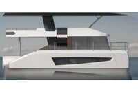 Modern white Nova Luxe Eight 40 Electric Boat on a clear sky background