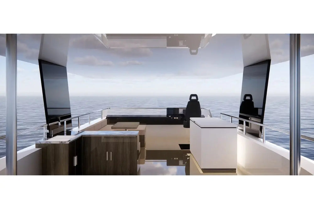 Modern Nova Luxe Eight 40 Electric Boat interior with ocean view