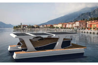 Modern Nova Luxe Faro Electric Boat with solar panels on a lake with mountains and buildings in the background