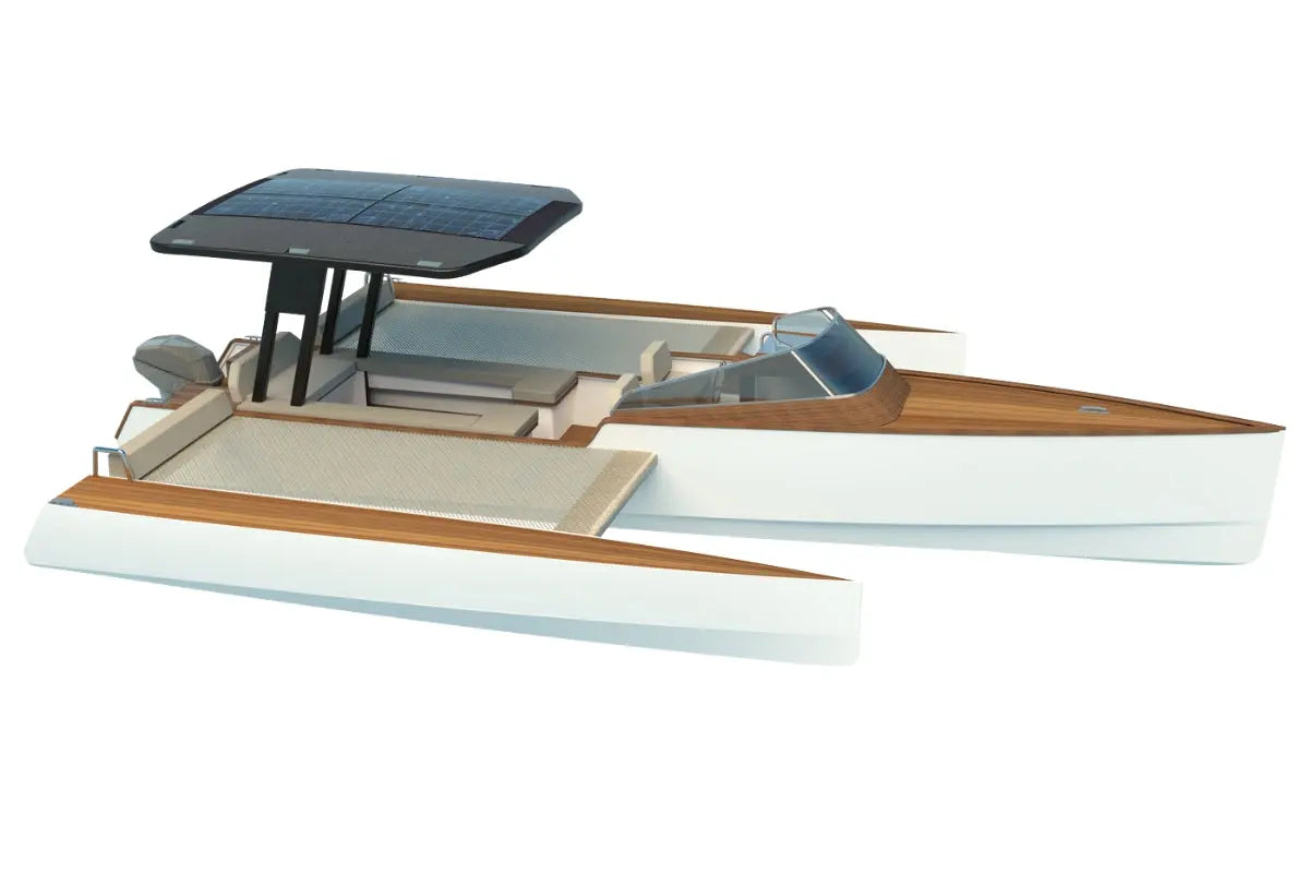 Schematic diagram of Nova Luxe Orphie 29 Electric Boat with solar panel on a white background