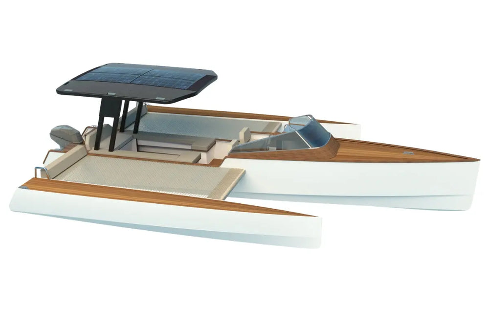 Schematic diagram of Nova Luxe Orphie 29 Electric Boat with solar panel on a white background