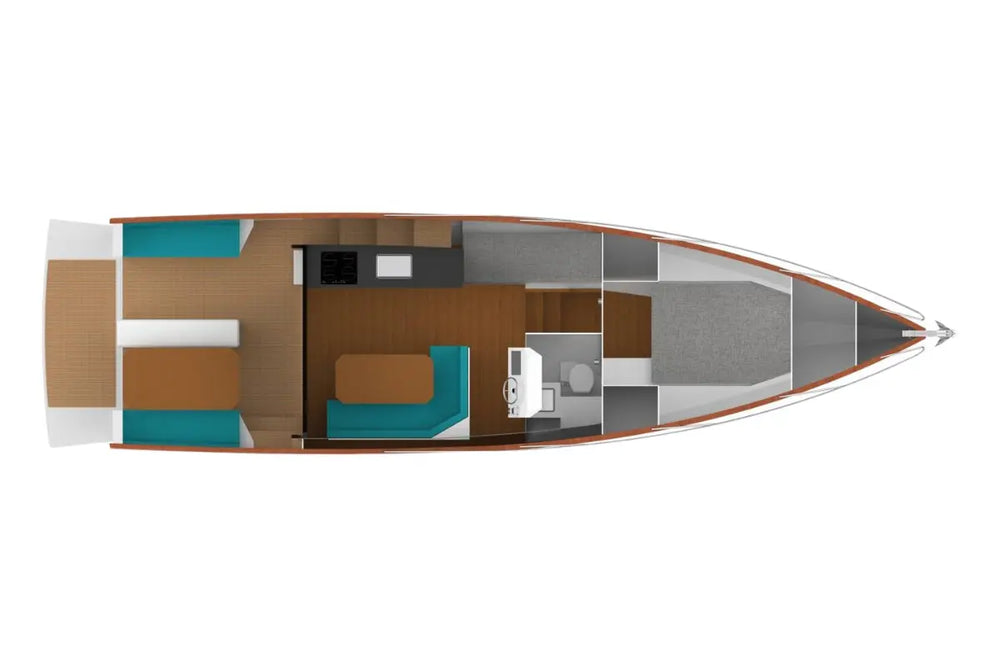 Top-down view of Nova Luxe Orphie 39 Electric Boat interior layout on a white background