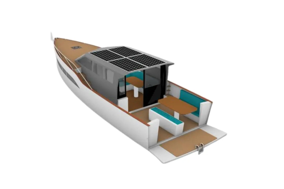 Model of Nova Luxe Orphie 39 Electric Boat with solar panels on a white background