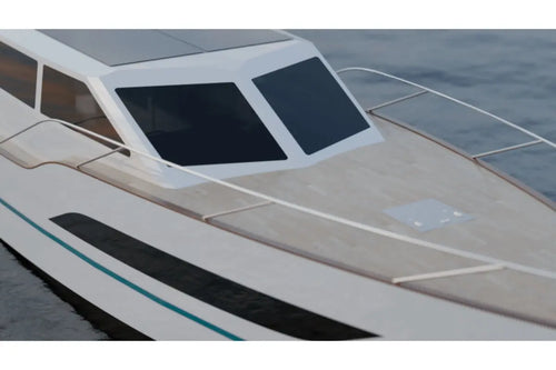 Close-up of Nova Luxe Orphie 39 Electric Boat windshield with water in the background