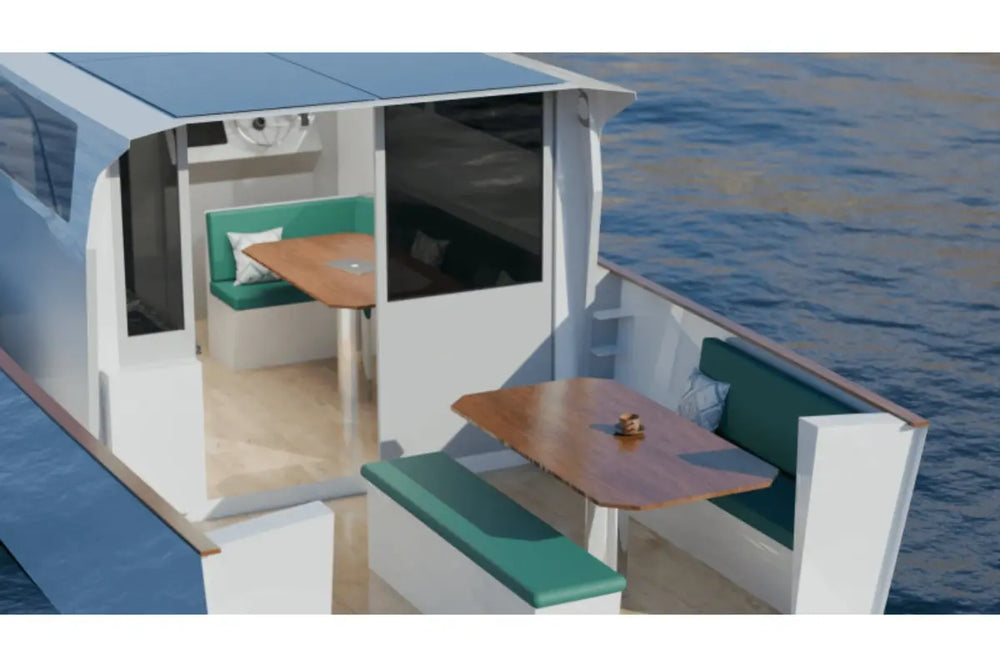 Interior of Nova Luxe Orphie 39 Electric Boat with tables and seating area on water