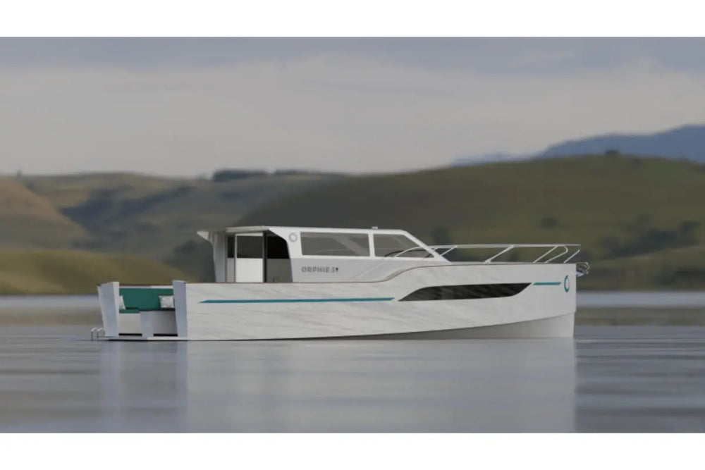 White Nova Luxe Orphie 39 Electric Boat on a calm body of water with green hills in the background