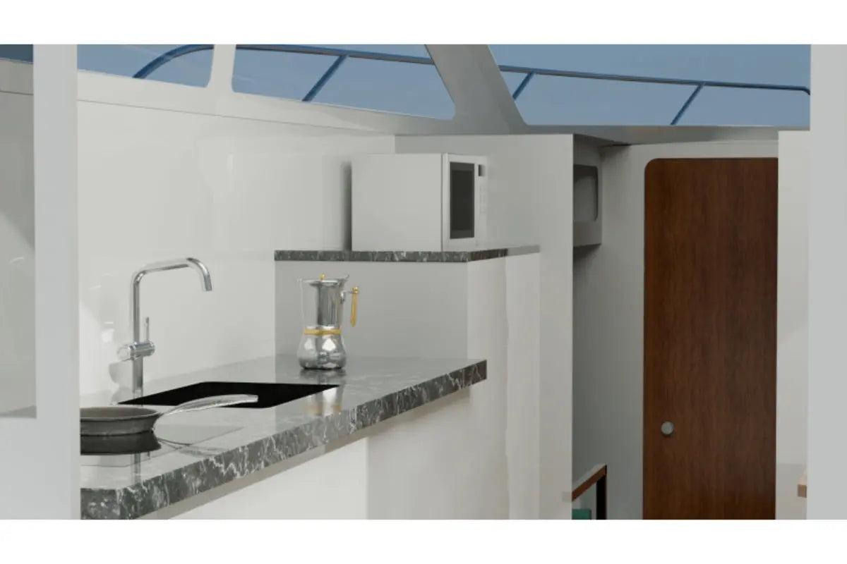 Modern Nova Luxe Orphie 39 Electric Boat kitchen interior with marble countertop, sink, and appliances.