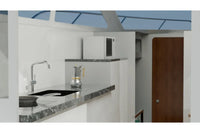 Modern Nova Luxe Orphie 39 Electric Boat kitchen interior with marble countertop, sink, and appliances.