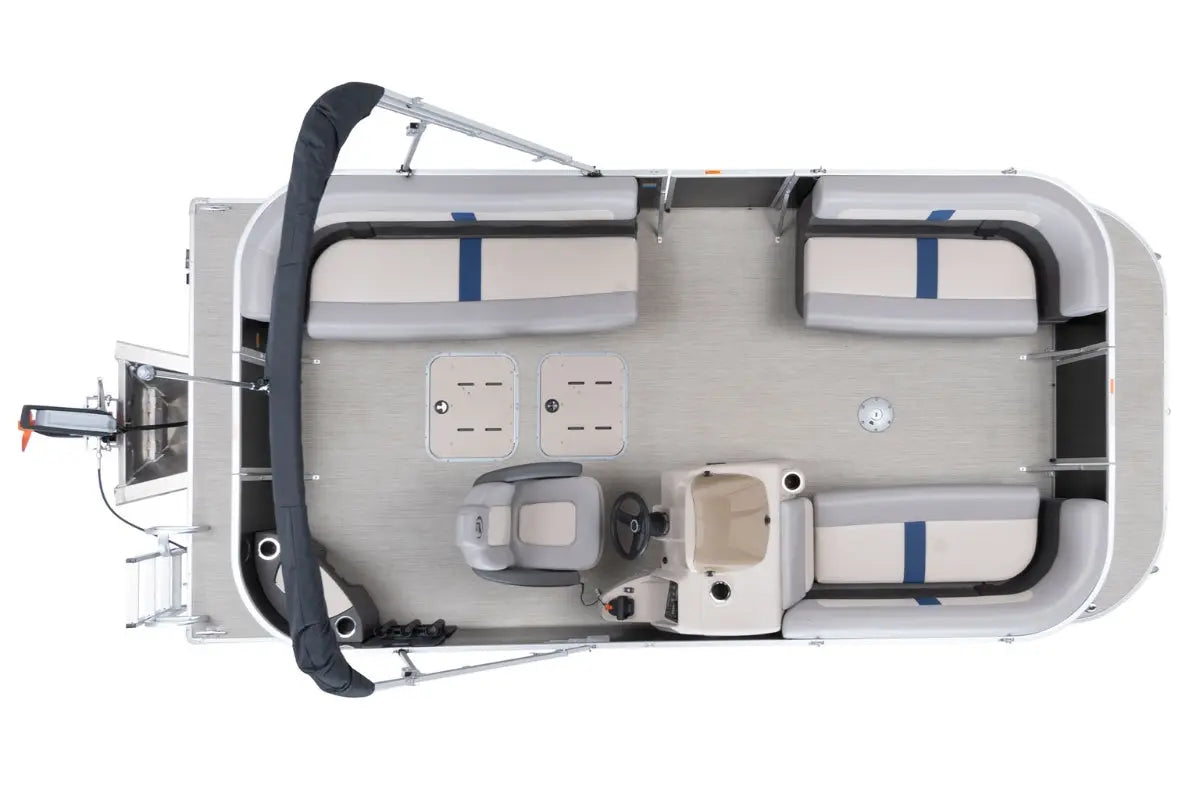 Top-down view of Princecraft BrioE 19 Electric Boat interior with seating and equipment layout.