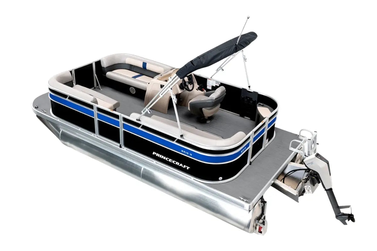 Princecraft BrioE 19 Electric Boat with black and blue design on a white background