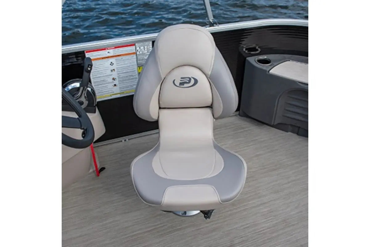 Princecraft BrioE 19 Electric Boat seat with a logo on a boat interior.