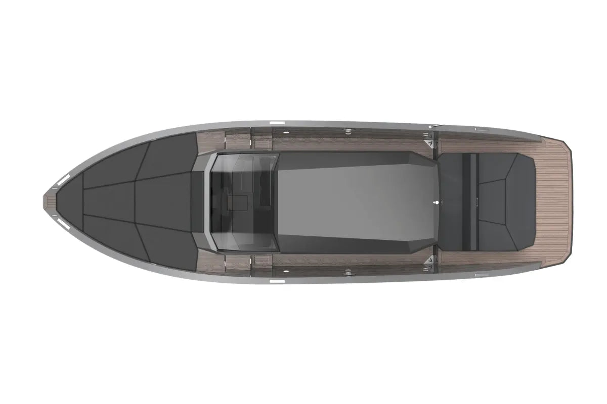 Top-down view of Rand Archipelago 32 Electric Boat on a white background