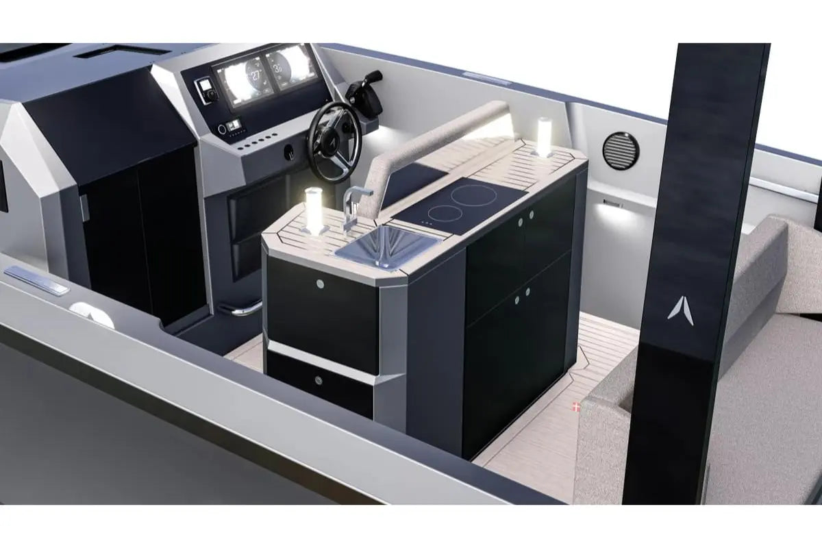 Interior of Rand Archipelago 32 Electric Boat with dashboard, steering wheel, and control panel.