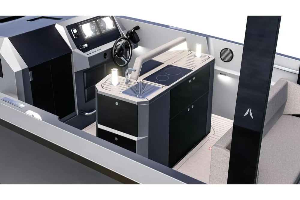 Interior of Rand Archipelago 32 Electric Boat with dashboard, steering wheel, and control panel.