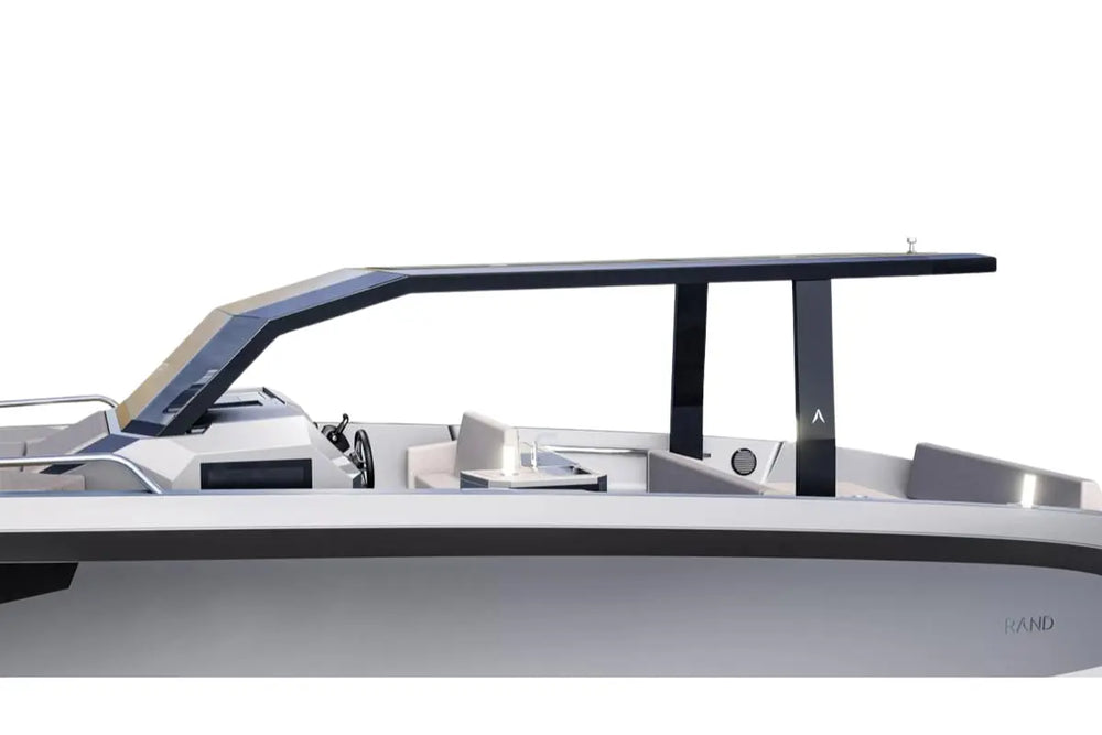 Close-up of Rand Archipelago 32 Electric Boat with a white hull and black railings on a white background