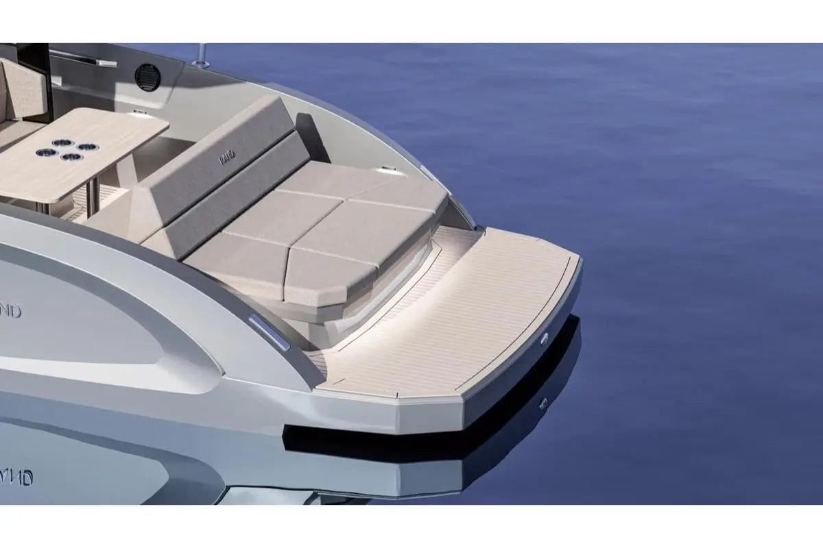 Luxury Rand Archipelago 32 Electric Boat with beige seating area on a calm blue water background