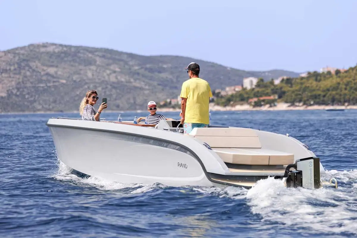 People on Rand Mana 24 Electric Boat in the water with mountains in the background