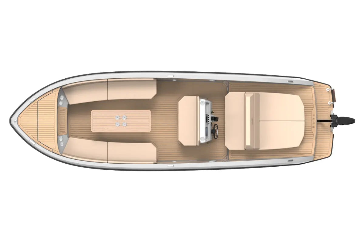 Top-down view of Rand Mana 24 Electric Boat interior with wooden flooring and seating arrangements on a white background