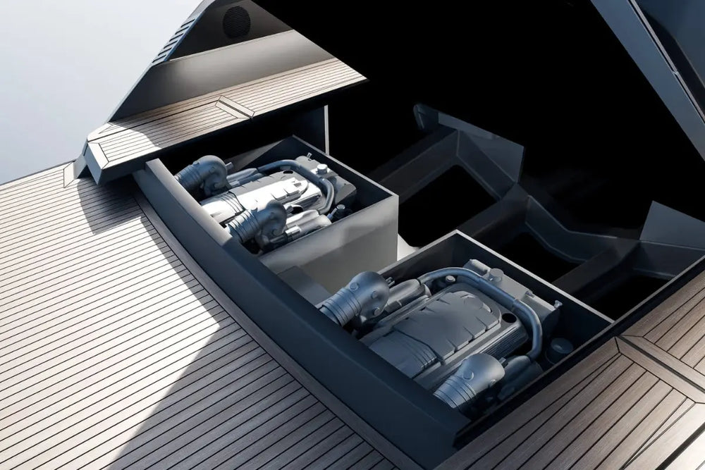 Engine compartment of Rand Realm 44 Electric Boat with open cover on a wooden deck