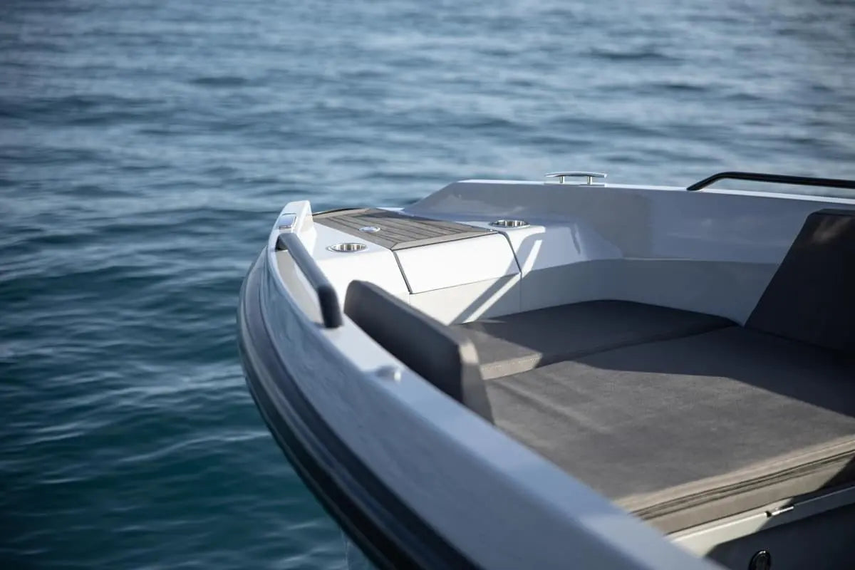 White boat on Rand Roamer 29 Electric Boat of water