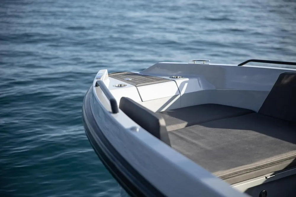 White boat on Rand Roamer 29 Electric Boat of water