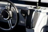 Close-up of Rand Roamer 29 Electric Boat steering wheel and control panel