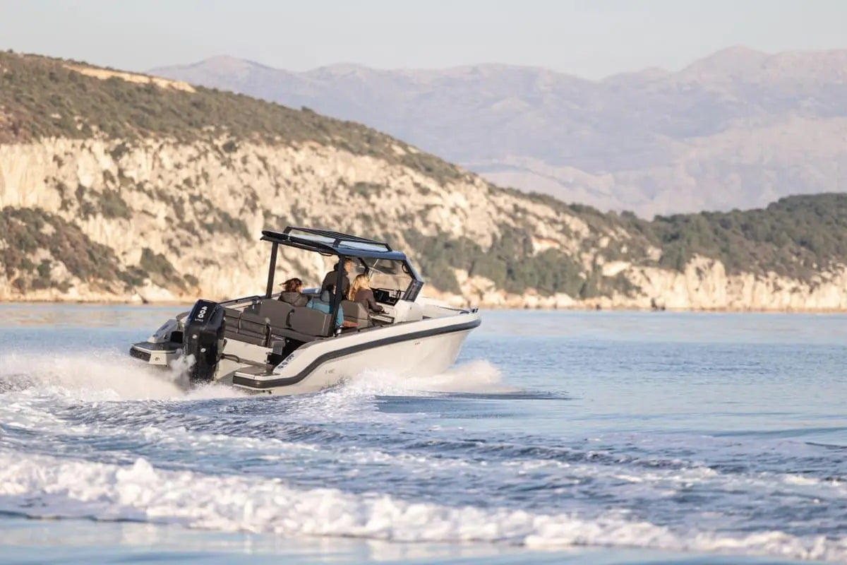 Rand Roamer 29 Electric Boat on the water with a scenic background of mountains and hills.