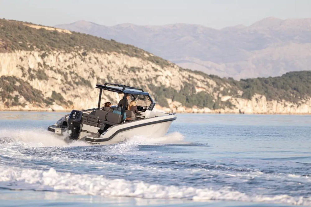 Rand Roamer 29 Electric Boat on the water with a scenic background of mountains and hills.
