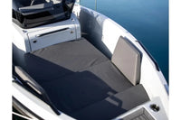 Close-up of Rand Roamer 29 Electric Boat interior with a folded seat and open storage compartment.