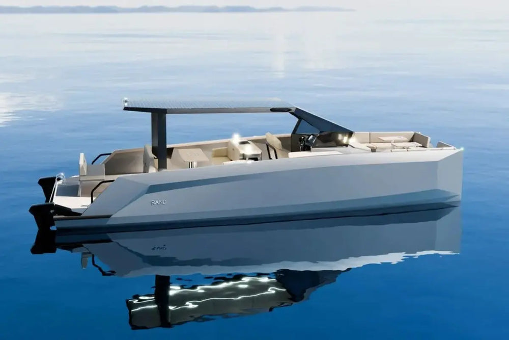 Modern Rand Solara 33 Electric Boat on a calm body of water