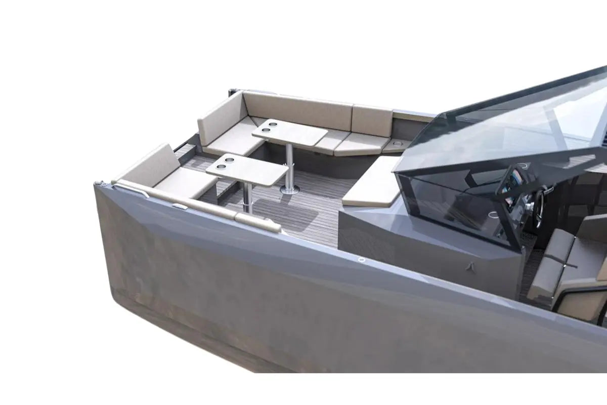 Rand Solara 33 Electric Boat interior with seating area and dashboard on a white background