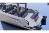 Gray Rand Solara 33 Electric Boat with 'Rand' branding on a blue water background