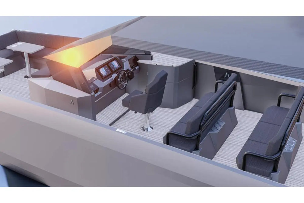Modern Rand Solara 33 Electric Boat office layout with desks and chairs