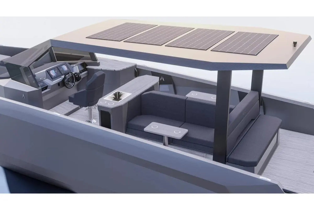 Rand Solara 33 Electric Boat interior with gray seats, a table, and solar panels on the roof.